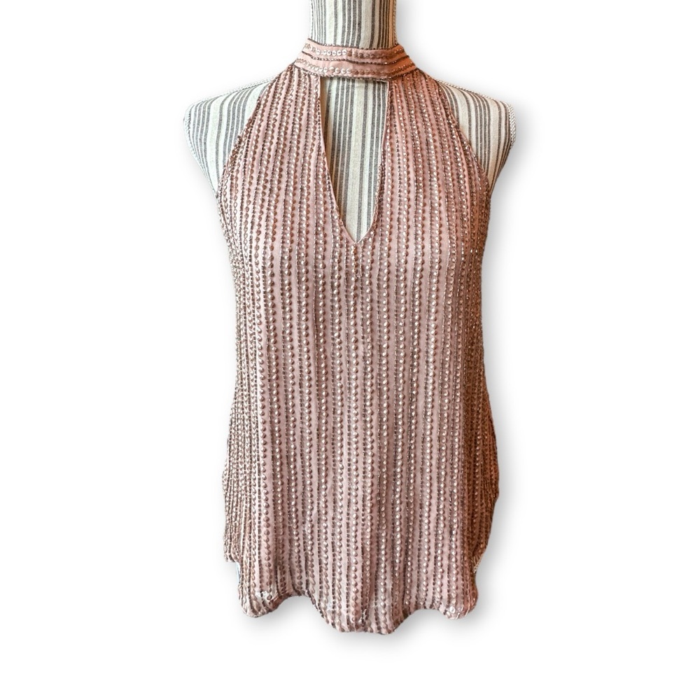 Parker Beaded and Sequin Halter Key-hole Top Blush Pink - XS